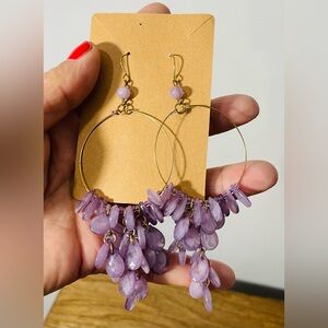 Purple beaded hoop dangle earrings, bohemian style Multiple tear Shaped